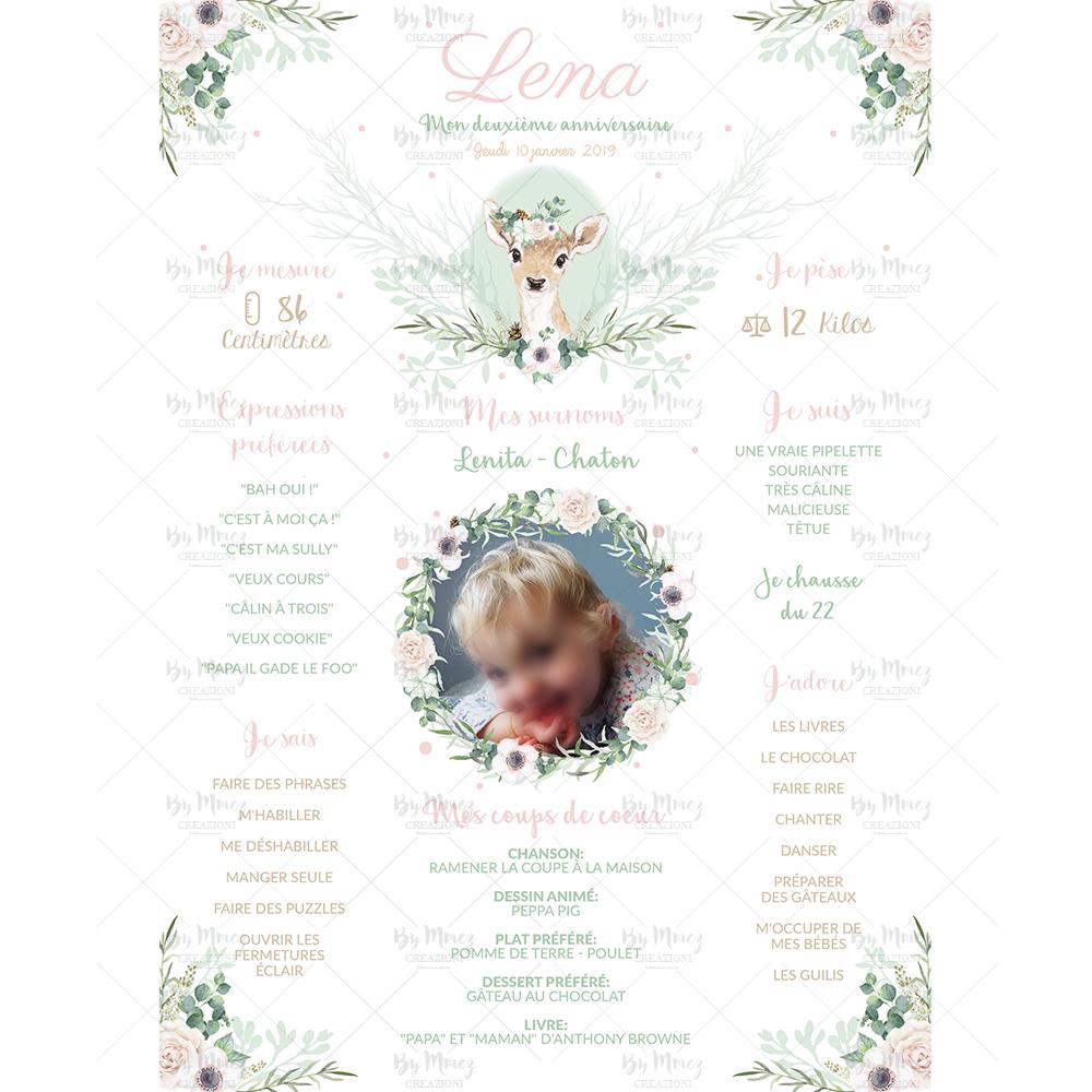 Affiche personnalisée biche 1er anniversaire petite fille