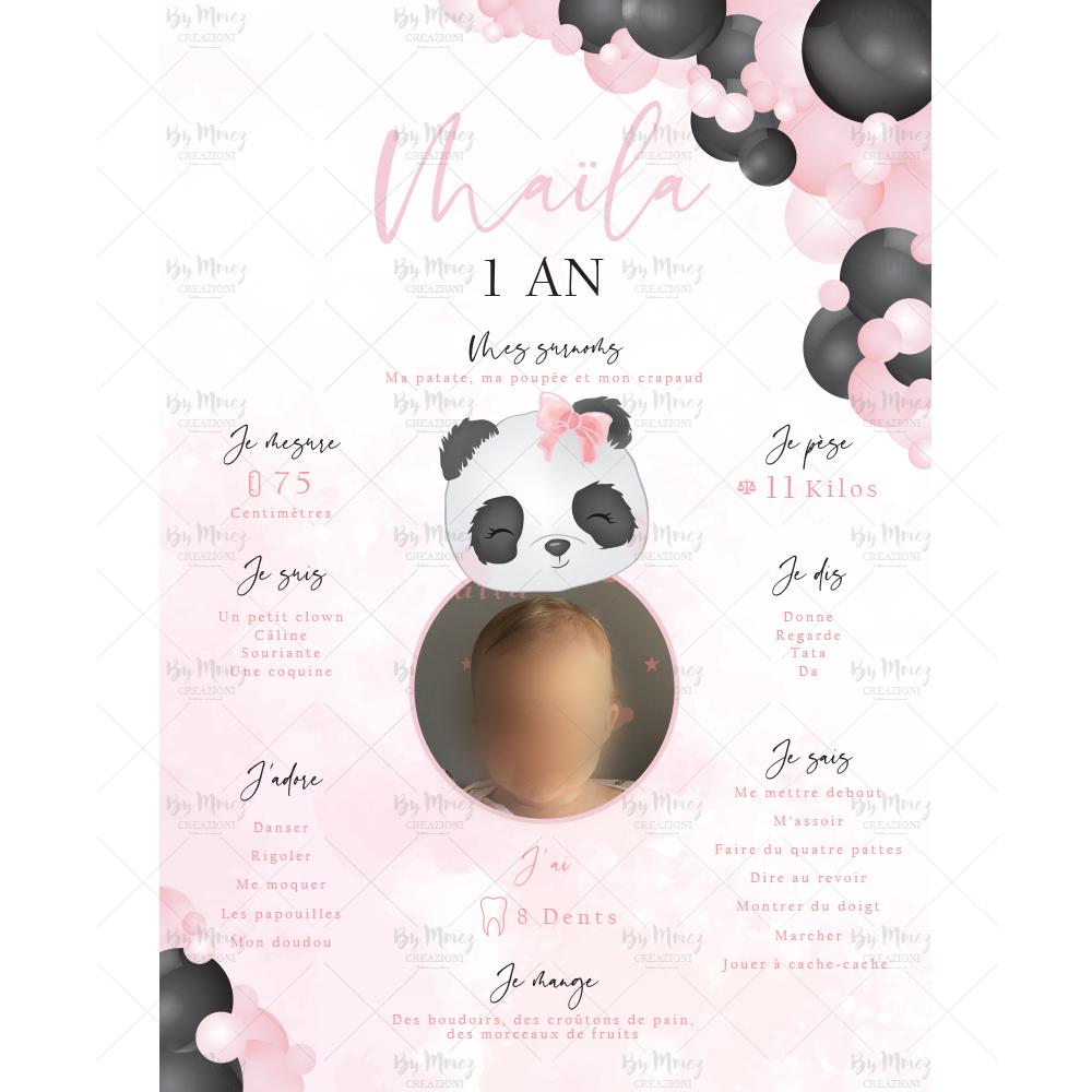 Affiche anniversaire personnalisée - Thème Panda & Noeud Rose - Mmez  Creazioni