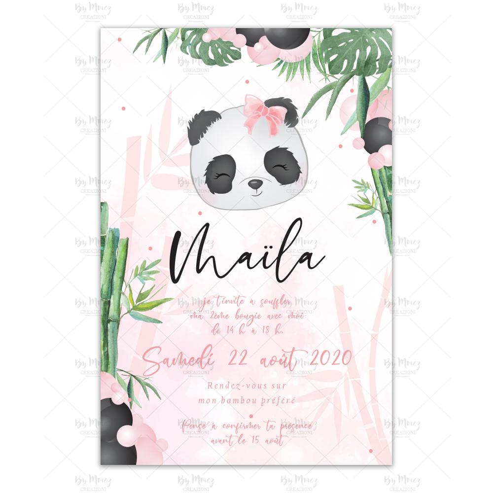 Invitation Anniversaire Personnalisee Theme Panda Noeud Rose Mmez Creazioni